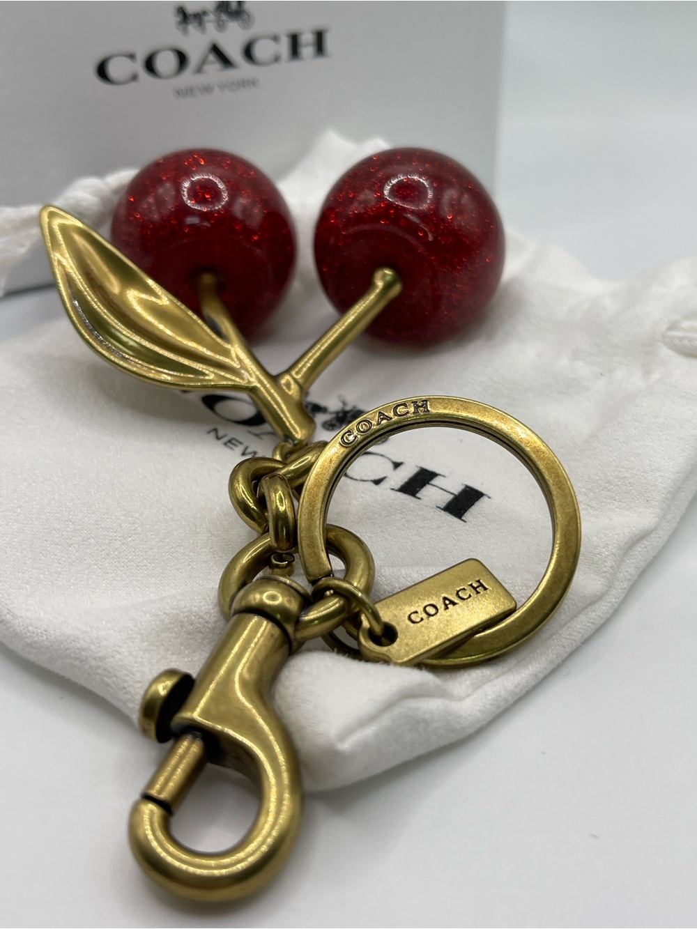 Coach Gold-Tone Cherry Charm Keyring with Red Cherries with Box, Dust Bag